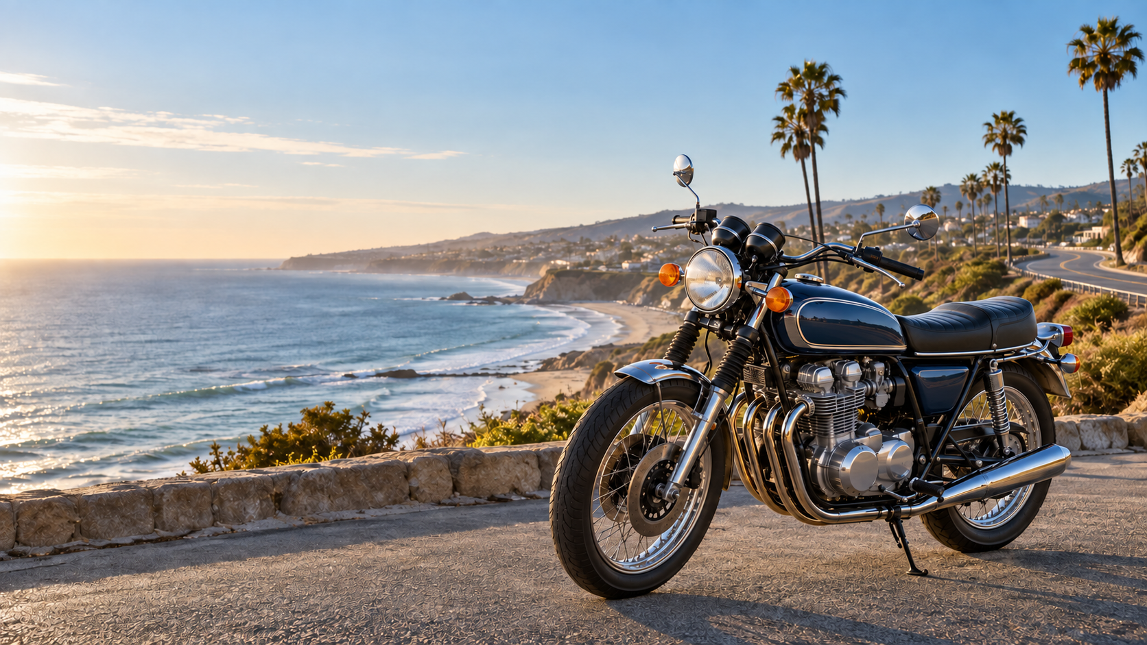 南カリフォルニアの海岸線に佇む、メーカー名のない1970年代風クラシックモーターサイクル